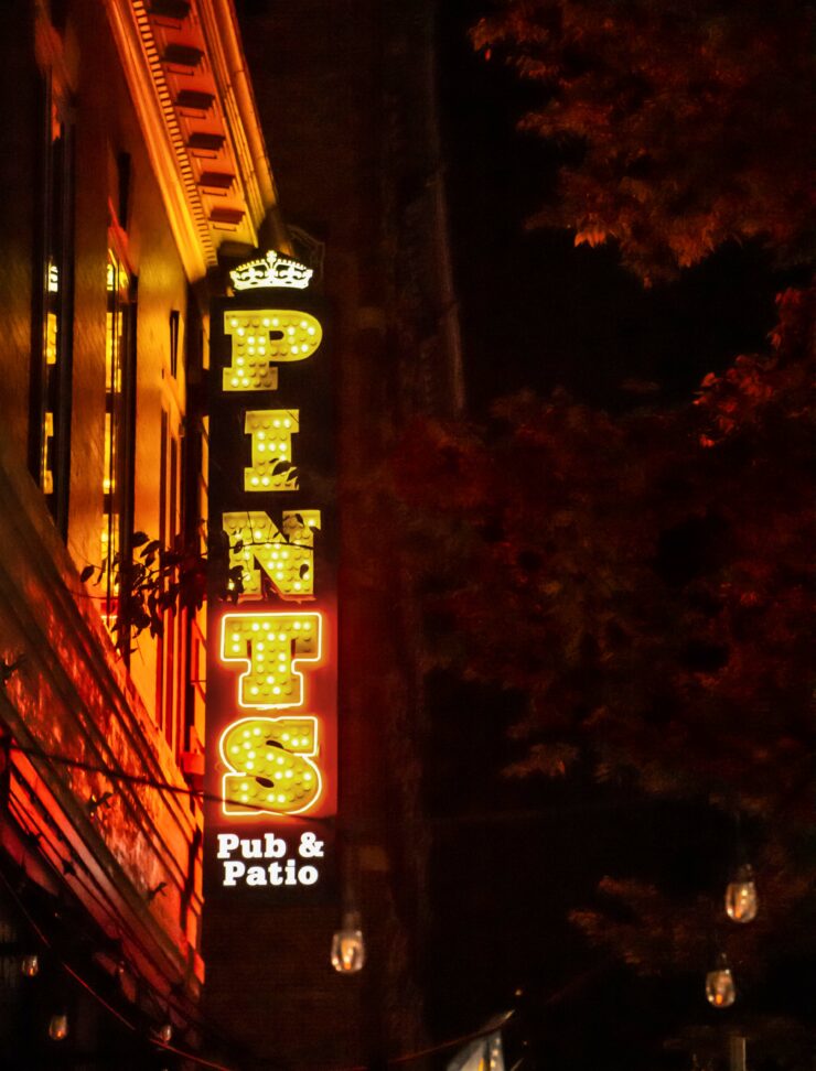 Picture of Pints Bar sign at night. 